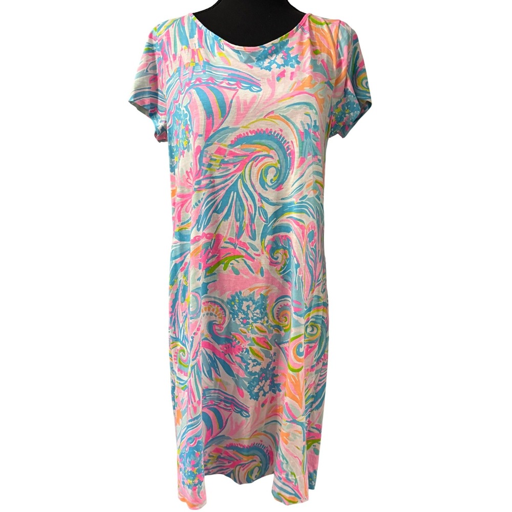 Lilly Pulitzer Pima Cotton Dress Short Sleeve Pink Blue Print 002719 Size M